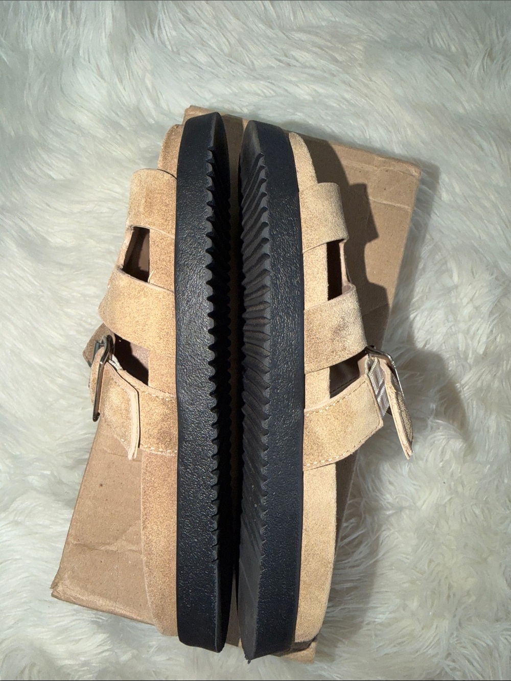 Steve Madden Mayhem Tan Suede Buckle Slide Sandals - Picture 12 of 13